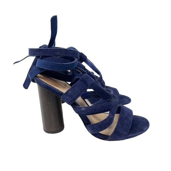 Aldo Womens 6.5 Navy Blue Lace Up Suede Heels 4" Round Wood Heels Open Toes - Picture 1 of 16